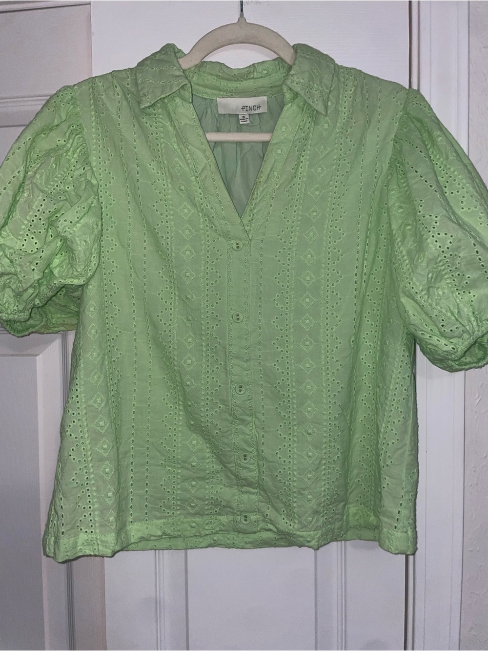 PINCH Green Eyelet Puff Sleeve Button Front Blouse – Size M